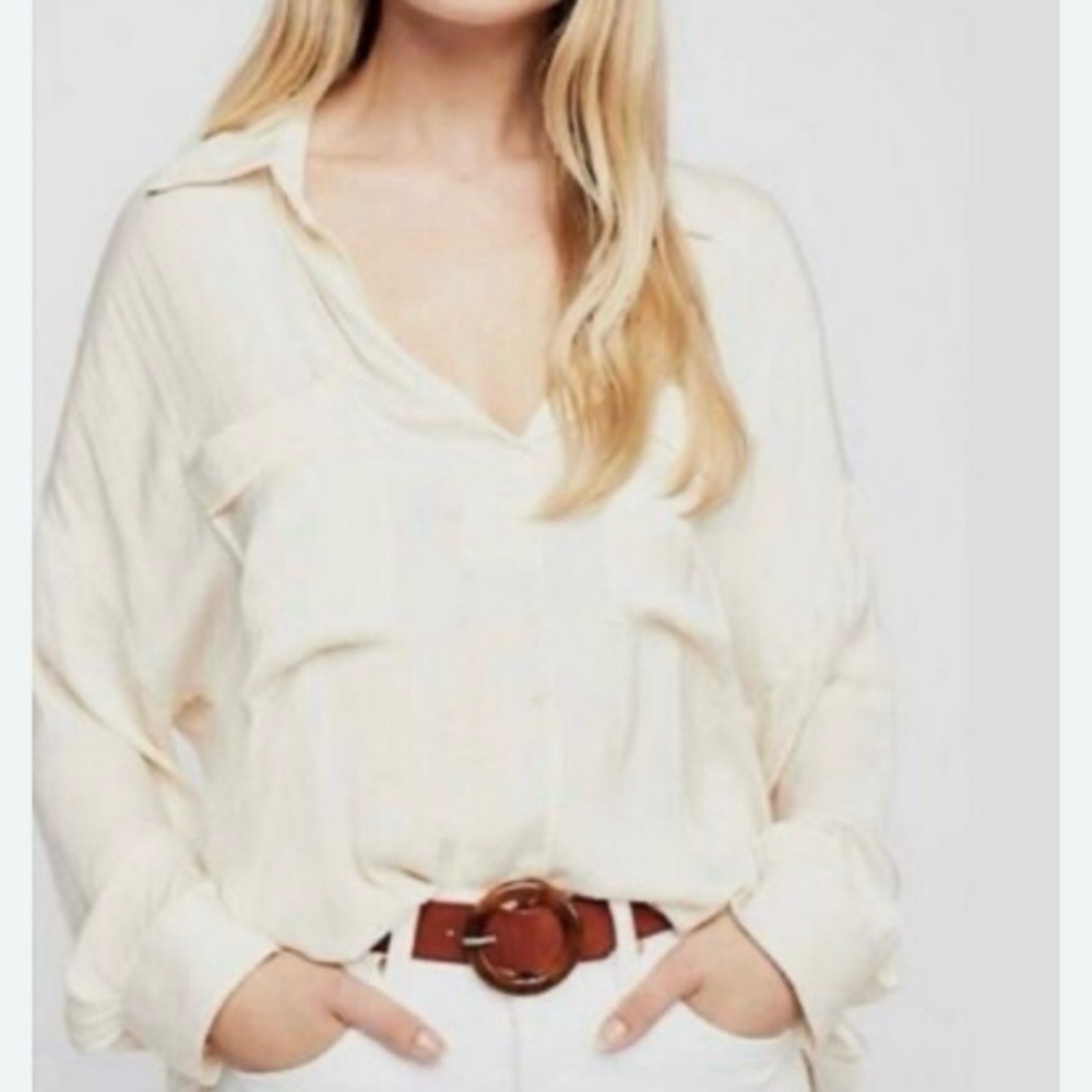Free People Cream Button-Front V-Neck Blouse